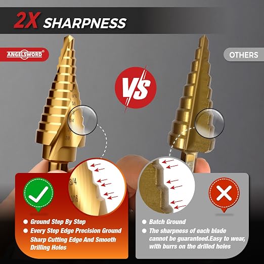 ANGELSWORD Step Drill Bits, 50 Sizes, 5PCS HSS Spiral Grooved Titanium Coated Step Drill Bit Set for Plastic, Aluminum, Copper, Sheet Metal, with Aluminum Case