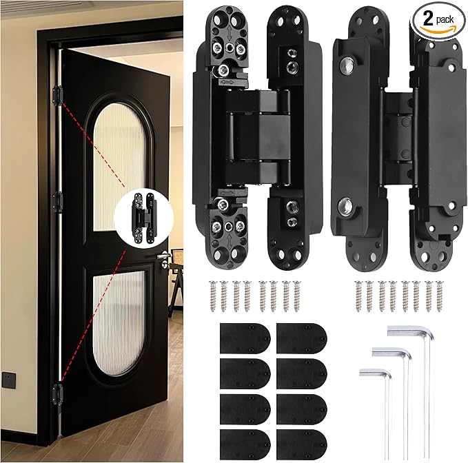 6" Hidden Hinges for Doors Invisible Hinge Concealed Hinges Zinc Alloy 180 Degree Swing Hinge 3 Way Adjustable Butt Silent Door Hinges 6 x 2.5 x 1 inch (Black Pack of 2)
