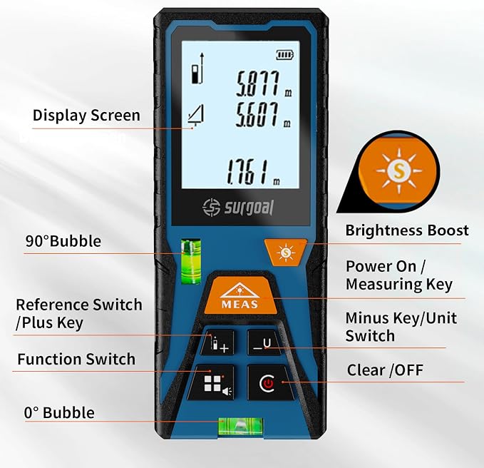 Laser Distance Meter Digital Laser Measuring Tool with LCD Backlit Display, Area Volume Pythagorean, ±2mm Accuracy, Class II, Electronic Tape Measure for DIY Construction – AAA Battery Powered