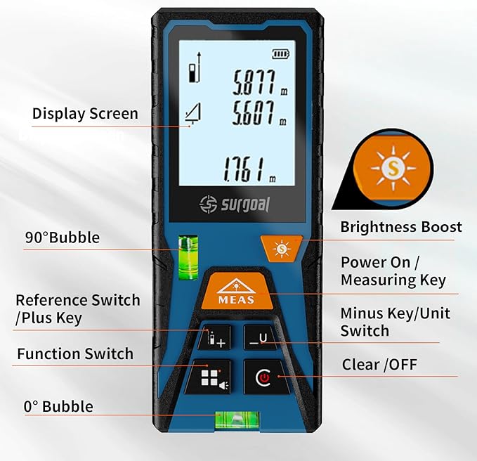 Laser Distance Meter Digital Laser Measuring Tool with LCD Backlit Display, Area Volume Pythagorean, ±2mm Accuracy, Class II, Electronic Tape Measure for DIY Construction – AAA Battery Powered