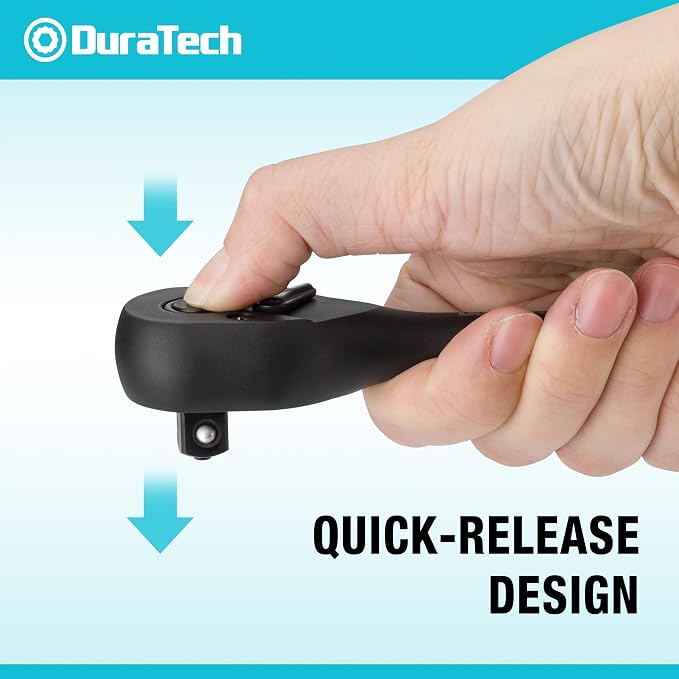 DURATECH 3/8-Inch Drive Ratchet, 90-Tooth Quick-Release Ratchet Wrench | Reversible, Cr-V Made, 4° Swing, Manganese Phosphate Black Finish, Socket Wrench for Men Women Stocking Stuffer for Men Women