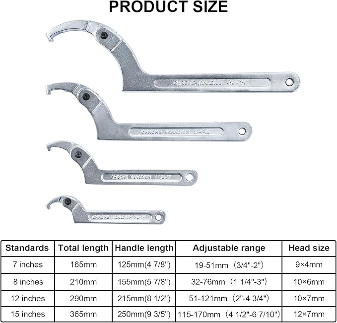 4 Pieces Adjustable Pin Spanner Wrench Tool Set | 3/4" to 6-7/10" C Pin Spanner Hook Wrench Tool for Pipes Heating, Vehicles, Mechanical Equipments (Square Head)