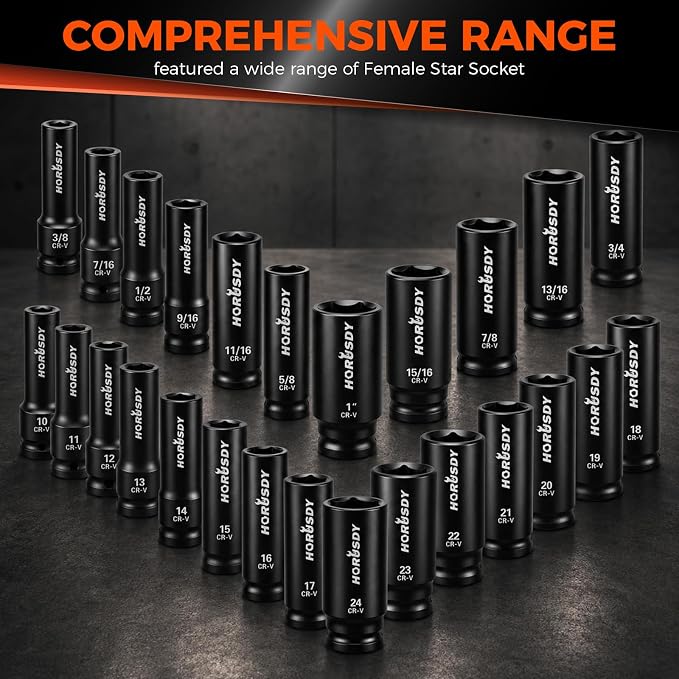 32-Piece 1/2" Drive Impact Socket Set - Metric (10mm–24mm) and SAE (3/8"–1") Deep Socket Set with Extension Bar, Swivel Socket, Adapter, CR-V Steel for Auto Repair