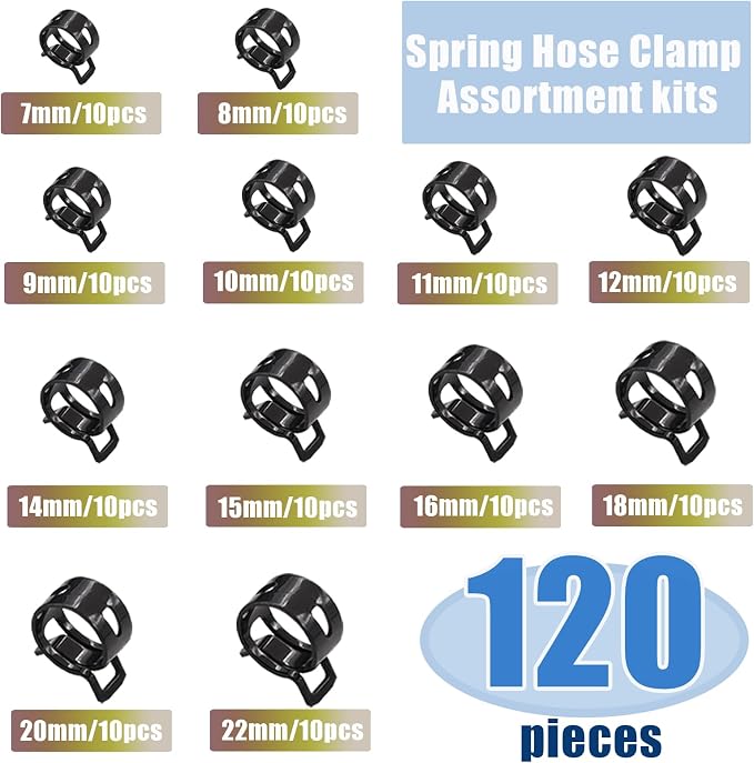 Tnisesm 121Pcs 6-22mm Spring Hose Clamp Assortment Kits with Swivel Flat Band Fuel Hose Clamp Plier, Silicone Vacuum Hose Action Pipe Clamp Low Pressure Air Clip Clamp Hoses Clamps sleeving(Black)
