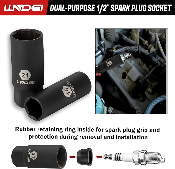 LLNDEI 1/2" Drive Deep Impact Socket Set 37Pcs SAE/Metric CR-MO | 3/8"-1-1/4" & 8-24mm, Spark Plug 16/21mm, Universal Joint & Extensions, for Auto, Truck & Heavy Equipment