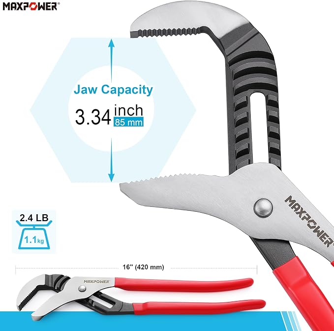 MAXPOWER 16-inch Groove Joint Pliers, 3.34-inch Jaw Opening | Straight Jaw Pump Pliers, 90° Serrated Teeth, Forged Steel