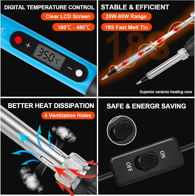 FEITA Soldering Iron Kit for Electronics, 14 in 1 Welding Tools Kit with Switch 80W LCD Adjustable Temperature Solder Iron, 2 Solder Wire, Flux, 5 Soldering Tips, Desoldering Pump, Stand, Tweezers