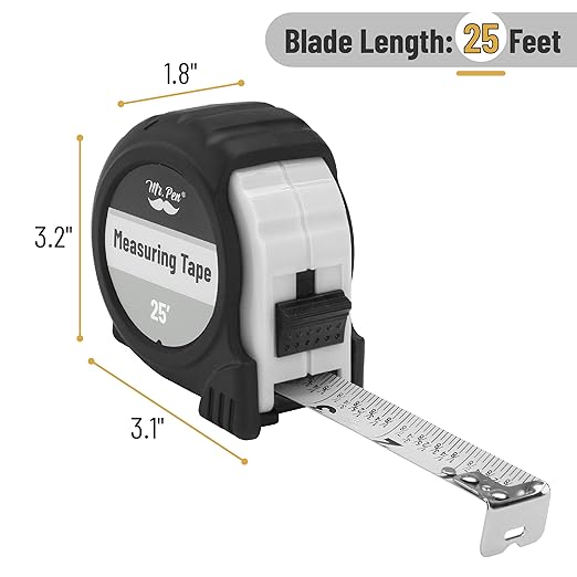 Mr. Pen- Retractable Tape Measure 25 ft, White, Easy Read, Steel Retractable Measuring Tape with Fractions, Ideal for Construction & DIY Projects
