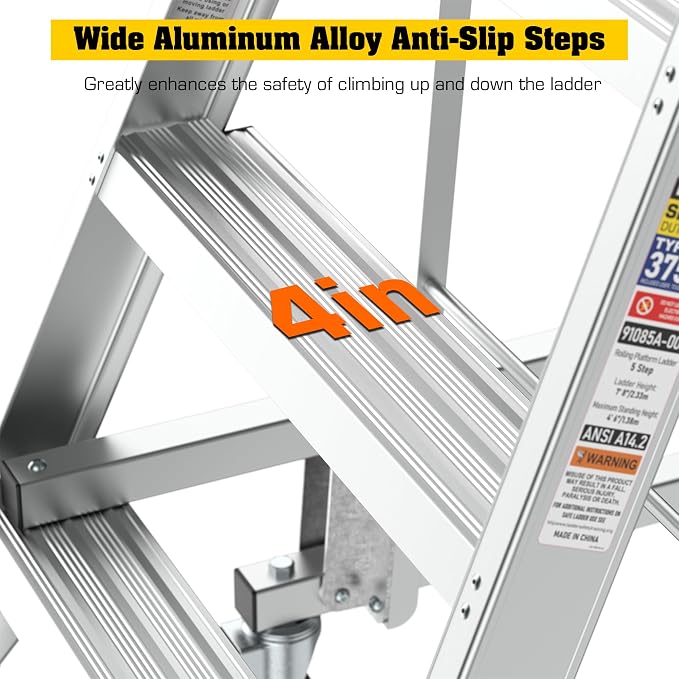 5 Step Rolling Platform Ladder Industrial Rolling Ladder with Wheels Non-Slip Aluminum Scaffolding Platform Stairs for Warehouse, Garage, 20"×24" Platform, 375lbs Capacity