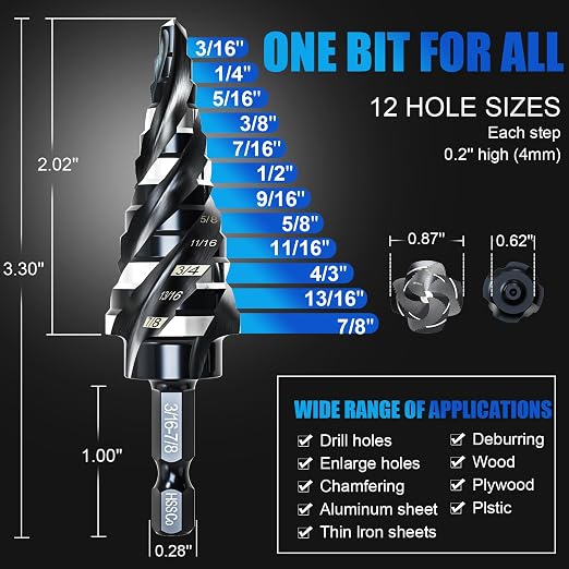 M35 Four Spiral Flute Step Drill Bit Set 3/16" - 7/8" （12 Sizes ）, 1/4" Hex Shank Drill, Impact Resistant M35 HSS Unibit Step Drill bit, for Stainless Steel, Wood, Aluminum, Plastic, Great for DIYers