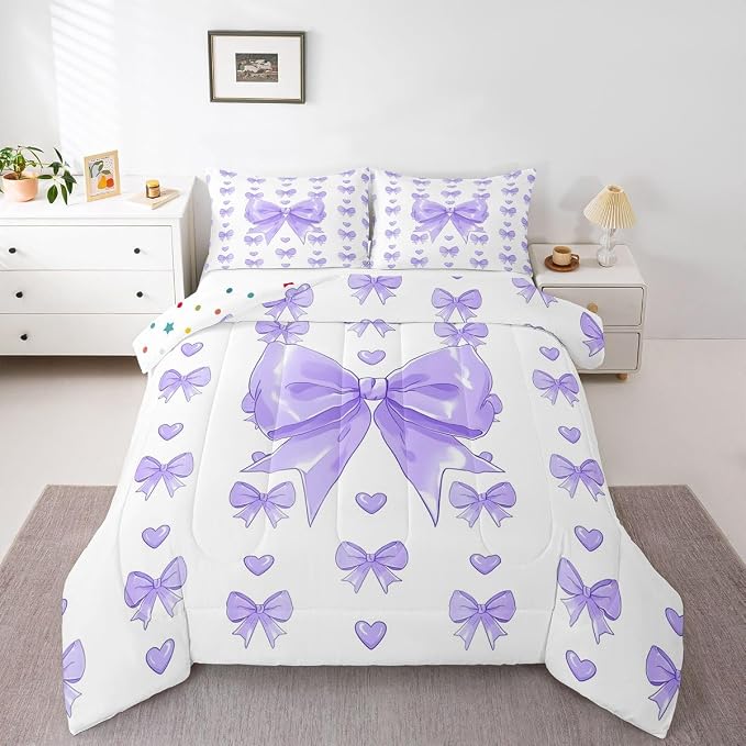 Feelyou Cute Purple Bow Comforter Set All Season Love Hearts Bowknot Bedding Set with 2 Pillow Cases Princess Bow Microfiber Kids Full Bedclothes Bedroom Decor Duvet Quilt Breathable Soft Lightweight