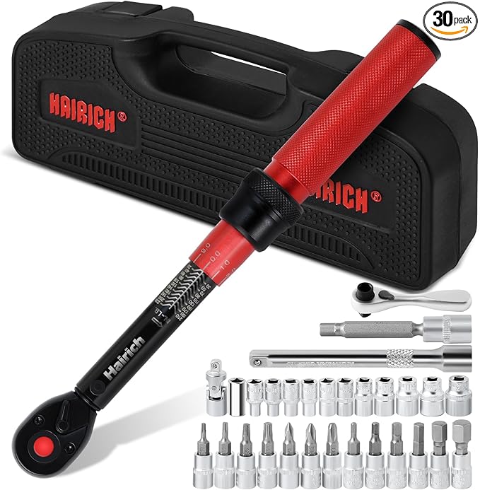Hairich Torque Wrench Bicycle,1/4 inch drive 2.3-24.9 N.M/20-220IN.LB, Bike Torque Wrench Set,30PCS Click Torque Wrenches with 1/4 Ratchet Wrench, Extension Bar, Sockets for Bicycle
