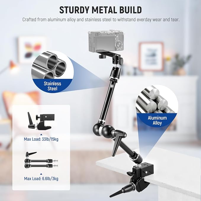 NEEWER 21" Magic Arm Camera Mount with Super Clamp, Overhead Desk Mount with 360° Dual Ball Head, 1/4" 3/8" 5/8" Stud Adapter for PA073 PA074 Phone Cage Rig DSLR Camera Monitor Video Light, UA018
