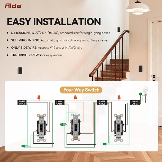 AIDA 4 Pack 4 Way Toggle Light Switch, 15 Amp, 120 Volt, Toggle Framed AC Quiet Switch, in Wall On/Off Switch Replacement, Self-Grounding, Residential and Commercial Grade, UL,Glossy Black