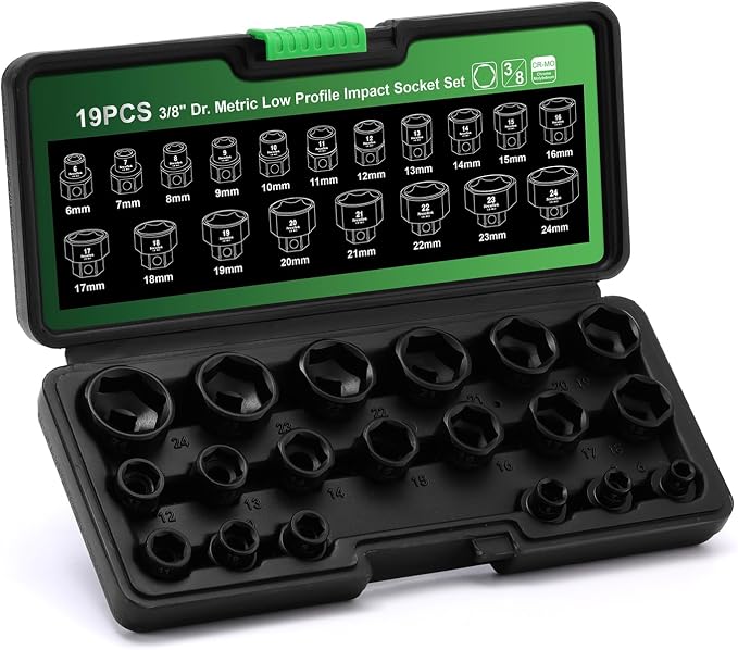 TecoTek 19-Piece 3/8-Inch Drive Metric Low Profile Impact Socket Set, Stubby Socket Set, 6mm-24mm, No Skips Sizes, 6 Point, Cr-Mo, Shorter Socket for Tight Areas