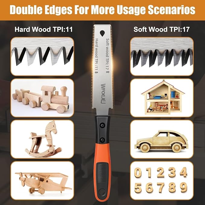 WFOEJEJ Japanese Hand Saw, 6-Inch Double-Edge Pull Saw, SK5 Flexible Blade, 11/17 TPI Blade with Soft Grip Handle for Hardwood & Softwood Woodworking