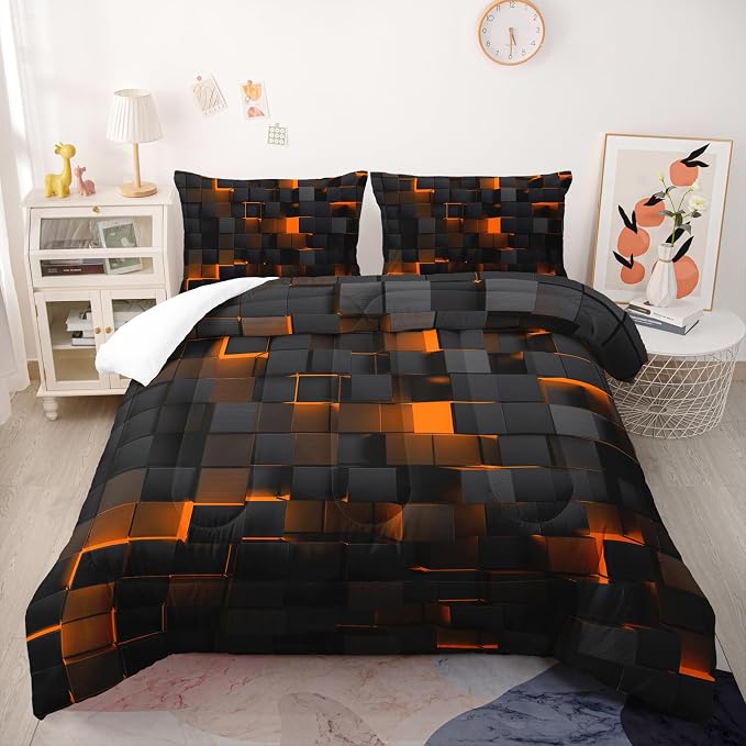 Nttopship Geometric Yellow Black Comforter Set,Light Honeycomb 3 Piece Bedding Set King Size for Teen Boys,Modern Quilt Set Geometry Decor,Microfiber Lightweight 1 Comforter 2 Pillowcases All Season