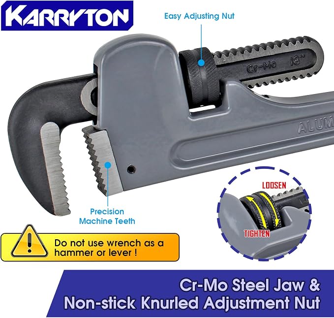 18 Inch Aluminum Pipe Wrench, 3-1/4"/83mm Adjustable Cr-Mo Jaw Opening Heavy Duty Aluminum Straight Handle Plumbing Wrenches, Perfect Plumbers Tool Exceed GGG Standard