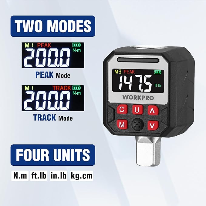 WORKPRO 1/2" Drive Digital Torque Adapter, 7.38-147.5 ft-lb (10-200 Nm), Electronic Torque Wrench Adapter with Buzzer Alert, 1/4" & 3/8" Adapters, Batteries & Case Included