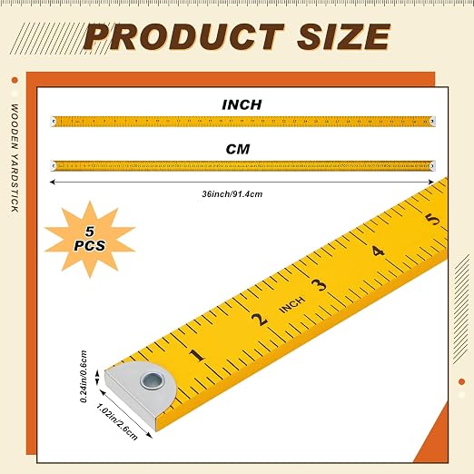 Hoteam 5 Pcs Heavy Duty Wooden Yardstick 36 Inches Natural Wood Yard Stick Ruler with Hang Hole Metal Tips 1/4-Inch-Thick Yardstick Ruler Metal Ends Meter Stick Clothing Measuring (Yellow)