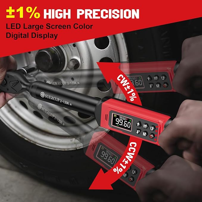 SUERCUP 3/8-inch Digital Torque Wrench(1.5-99.6Ft.Lb/2-135Nm) ±1% Accuracy Digital Torque Wrench with Vibration, Buzzer,LED Notification and Five Units of Measure, for Motorcycle, Auto Repair