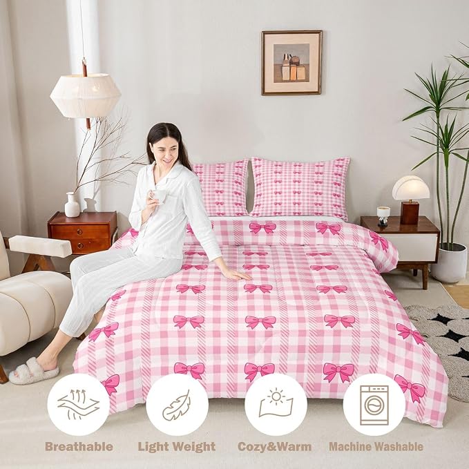 Feelyou Pink Grid Bowknot Comforter Set All Season Bow Checkered Bedding Set with 2 Pillow Cases Princess Microfiber Kids King Bedclothes Bedroom Decor Duvet Quilt Breathable Soft Lightweight