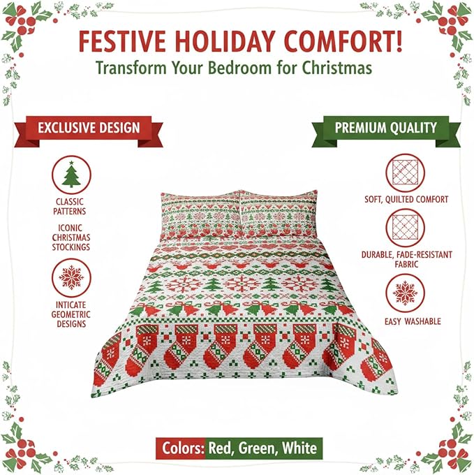 Merry Christmas Boho Red Quilt Set King- Socks Deer Snowflakes Christmas Bell Printed Holiday Bedding Set - Soft Microfiber Lightweight Comforter Coverlet Bedspread(Socks, King(90"x104"))