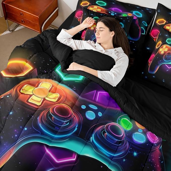 Game Consoles Gamer Bedding Set King Bed in a Bag 7 Piece Gamer Gifts,Gaming Comforter Sets for Boys Space Glow Geometric Kids Comforter Sets Boys Red Green Blue Teal,Gaming Decor for Bedroom