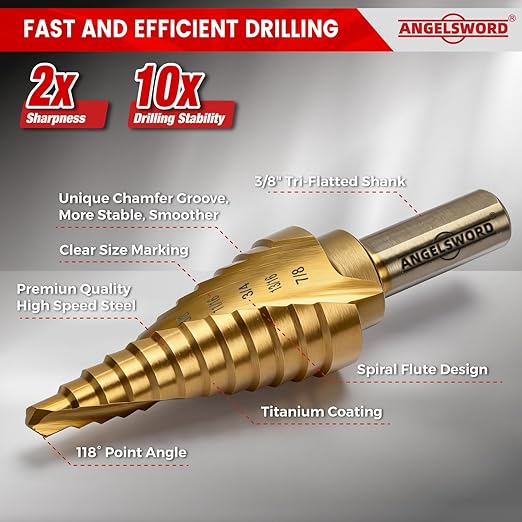 ANGELSWORD Step Drill Bits, 50 Sizes, 5PCS HSS Spiral Grooved Titanium Coated Step Drill Bit Set for Plastic, Aluminum, Copper, Sheet Metal, with Aluminum Case