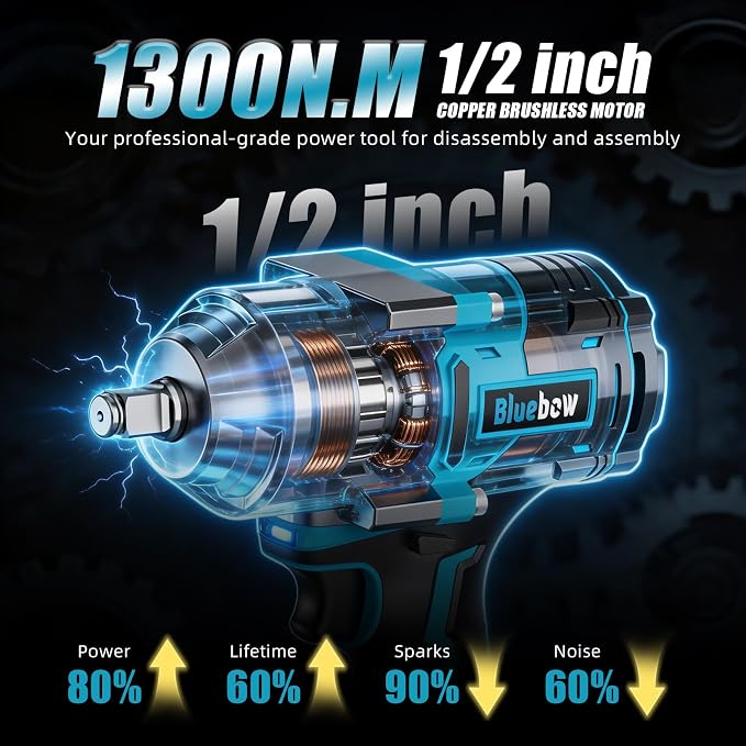 Bluebow Cordless Impact Wrench, 960 ft-lbs (1300 N·m) Brushless Impact Wrench with 2x4.0Ah Battery, 1/2" 3-Speed Modes Impact Gun with 4 Sockets for Pickup, Truck, Home Car