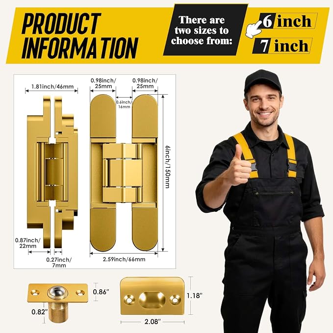 6inch Hidden Door Hinge,Concealed Hinges,Hidden Door Hardware kit,Invisible Door Silent 180 Degree Swing Hinge 3-Way Adjustable Butt 6 x 2.5 x 1inch (Gold, 6 inches)