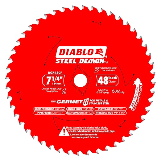 Diablo Steel Demon Cermet II Saw Blade - 7-1/4" Diameter, 48 TCG Teeth | 5/8" Arbor, .075" Kerf, 2° Hook Angle - Ideal for Cutting Metals and Stainless Steels - D0748CFA