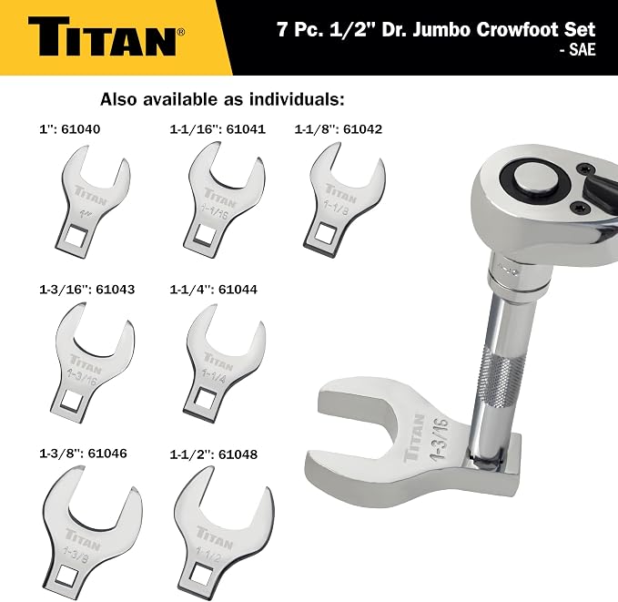 Titan 17671 7-Piece 1/2-Inch Drive SAE Jumbo Crowfoot Wrench Set
