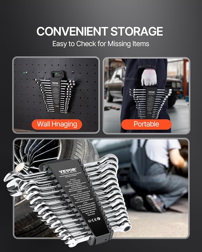 VEVOR Ratcheting Wrench Set, 30-Piece Combination Wrench Set, 72 Teeth | SAE 1/4" to 1", Metric 8 mm to 24 mm, Cr-V Steel, with Organizer Rack, for General Household, Garage, Workshop, Emergency