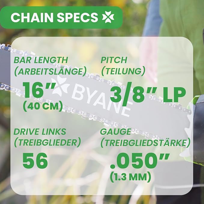 BYANE 16-Inch Carbide Chainsaw Chain 3/8"LP Pitch .050" Gauge 56 DL | Fits Poulan PR4218, Craftsman S165, Husqvarna 120 Mark II, and Ryobi RY3716 (Replaces S56)