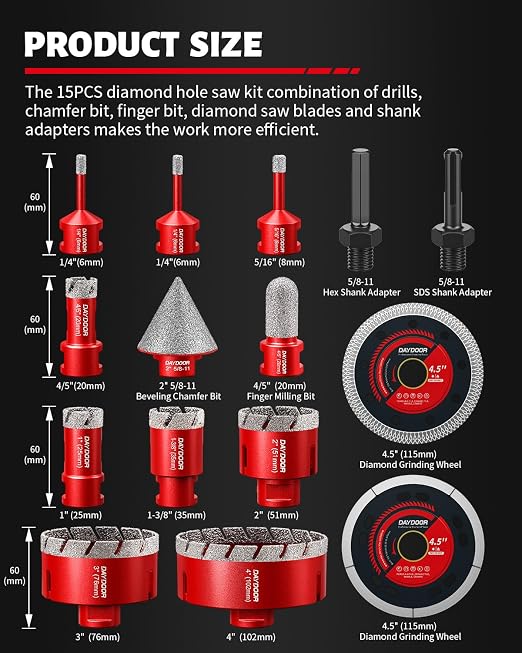 DAYDOOR Diamond Hole Saw Kit, 15-Piece Tile Hole Saw Kit 1/4" 5/16" 4/5" 1" 1-3/8" 2" 3" 4",Vacuum Brazed Core Drill Bits for Porcelain Tile, Granite, Marble, Stone(Red)