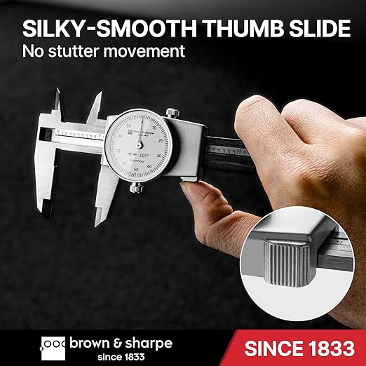 Brown & Sharpe 8-Inch Dial Caliper – Precision Stainless Steel Measuring Tool, White Dial, 0.001" Resolution, Hardened Construction, Shockproof Movement.
