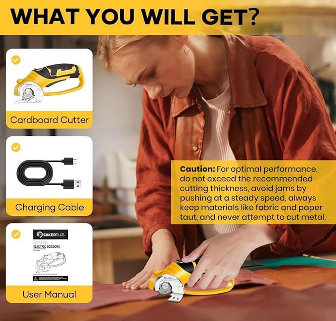 SakerPlus Cordless Electric Scissors, 4V Cardboard Cutter, Box Cutter Fabric Scissor with Safety Lock & LED Light, Rechargeable Power Rotary Cutters for Box Carpet Fabric Plastic Leather