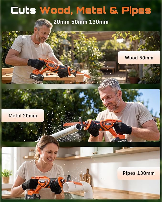 Reciprocating Saw Cordless with 8 Blades: 2 x 4.0Ah Battery, Brushless Motor 3300 RPM, Cordless Reciprocating Saw Kit for Wood PVC Metal Tree Bone Cutting DIY (Orange) | Come with 2pcs 4.0Ah Batteries & 8 Cutting Blades, 3300SPM, Perfect for DIY Cuttin...