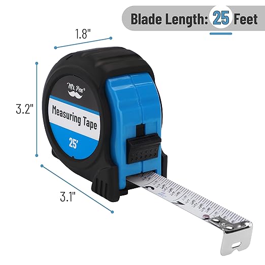 Mr. Pen- Retractable Tape Measure 25 ft, Light Blue, Easy Read, Steel Retractable Measuring Tape with Fractions, Ideal for Construction & DIY Projects