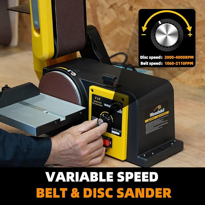 Woodskil Variable Speed Belt Disc Sander, 4 x 36 Inch Belt & 6 Inch Disc 3A Benchtop Sander Combo Machine, 2000-4000 RPM, 1060-2110 FPM for Woodworking, DIY
