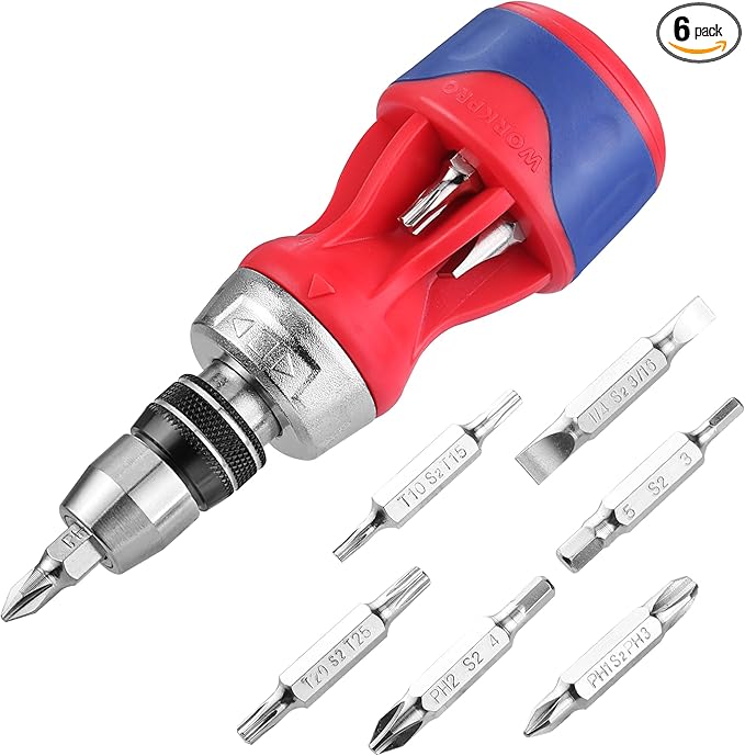 WORKPRO 12-in-1 Stubby Ratcheting Multi-bit Screwdriver, Short Screw Drivers with Magnetic, Quick-load Mechanism, Premium S2 Steel, Small Screwdriver with Double End Bits in Handle