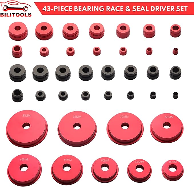 BILITOOLS Bearing Race and Seal Driver Set, 43 Piece Bearing Press Kit with 4 Handles & 39 Dual-Sided Adapters (SAE & Metric), Complete Seal Installer Kit