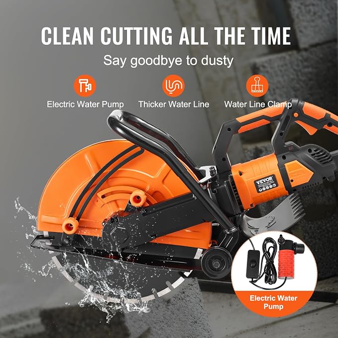 VEVOR Electric Concrete Saw, 16 in, 3200 W Motor Circular Saw Cutter | Max. 6 in Adjustable Cutting Depth, Wet Disk Cutter, Includes Water Line, Pump and Blade, For Stone, Brick
