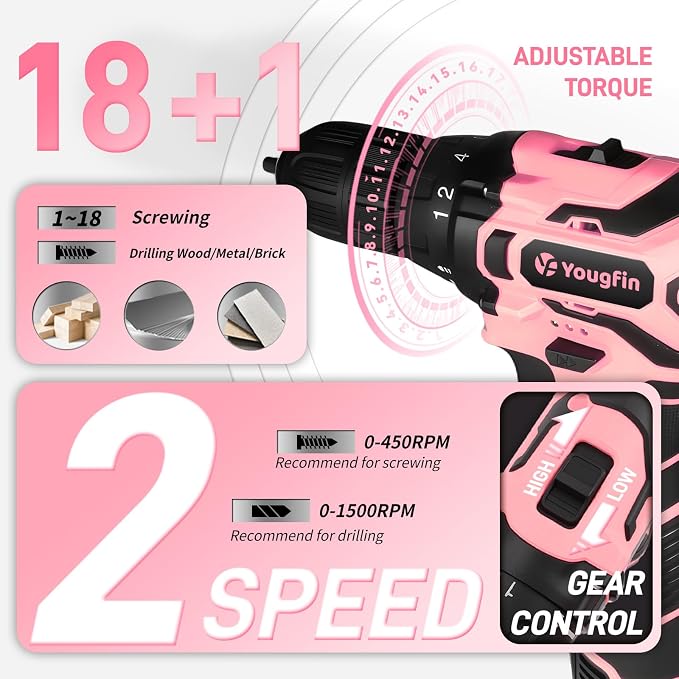 12V Pink Cordless Drill Set 195PCS Hand Tool Combo Kit Small Compact Electric Screwdriver Set Portable Power for Home DIY&Repair Driver Machine with Battery & Charger Gift Box for Women