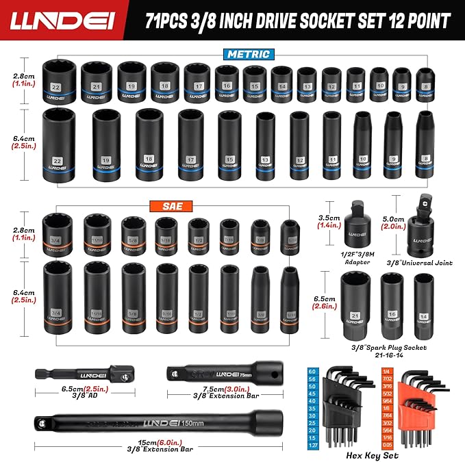 LLNDEI 3/8" Drive 12-Point Socket Set 71Pcs SAE/Metric CR-V | Deep/Shallow 5/16-3/4" & 8-22mm, 12-Pt fits 6-Pt, Adapter & Hex Keys, for Auto, Precision Machinery & Industrial