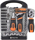 Tactix 55-Piece Stubby Socket Wrench Set, Ratchet Screwdriver & Quick-Release Socket Wrench, Adjustable, 1/4'' & 3/8'' Socket, Bits, CR-V Metric, Garage Repair, Home Use, with Portable Hard Case