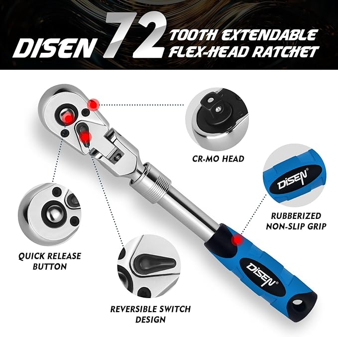 DISEN 3-Piece Extendable Flex-Head Ratchet Wrench Set with EVA Storage Case - 1/4", 3/8", 1/2" Drive, 72-Tooth, Rubber Grip, Adjustable Length - Professional Automotive and DIY Tools