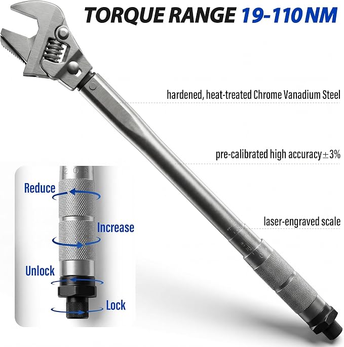19-110Nm Adjustable Torque Wrench, 4-in-1 Click Open End Ratchet Spanner Wrench with 43mm Wide Jaw Heavy Duty for Automotive Bike Repair Plumbing Pipe HVAC Tools