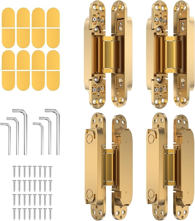 4-Pack 7 inch Hidden Hinges for Doors Invisible Hinges Concealed Zinc Alloy 180 Degree Swing 3 Way Adjustable Butt Silent Door Hinge 7 x 2.8 x 1 inch (Gold)